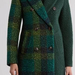Anthropologie Green Plaid Pea Coat